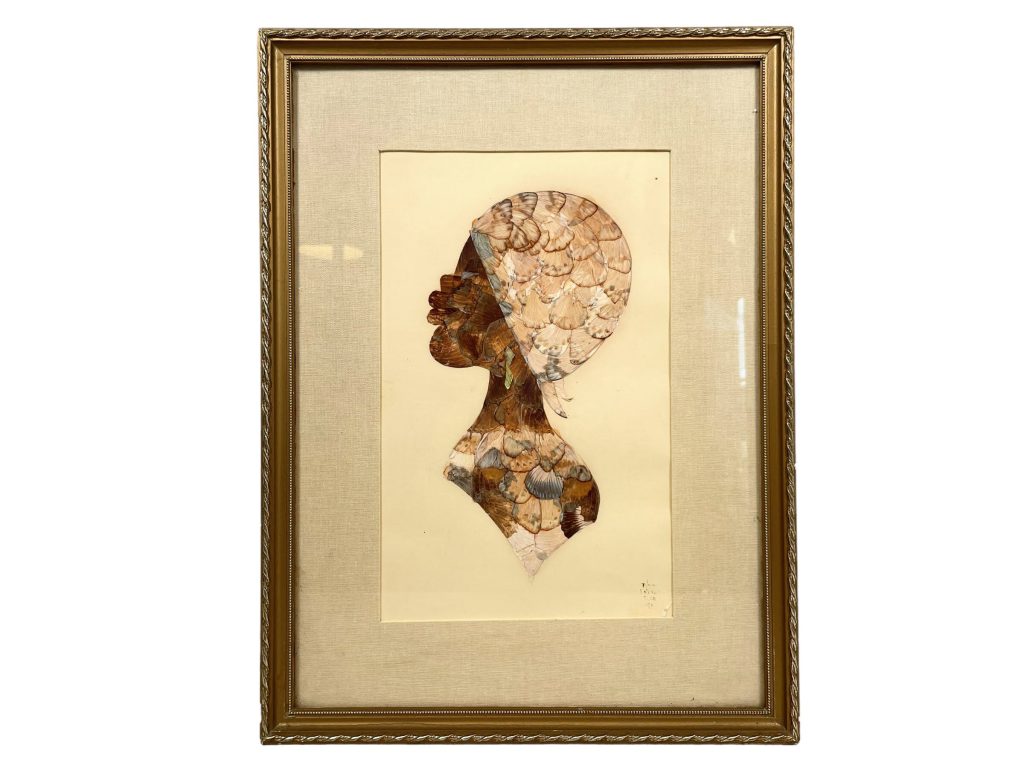Vintage French Butterfly Moth Wing Art Artwork Side Portrait Glass Taxidermy Picture Decor Dressing Table Wall Hanging c1992