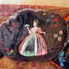 Vintage French Pink Blue Green Brown Ruffled Silk Satin Embroidered and Painted Oval Pillow Pillows Bed Chair Sofa circa 1920-30's