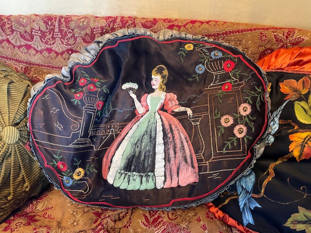 Vintage French Pink Blue Green Brown Ruffled Silk Satin Embroidered and Painted Oval Pillow Pillows Bed Chair Sofa circa 1920-30’s