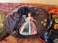 Vintage French Pink Blue Green Brown Ruffled Silk Satin Embroidered and Painted Oval Pillow Pillows Bed Chair Sofa circa 1920-30's