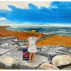 Girl in Straw Hat on Normandy Beach painting signed by M E Miles British Artist Acrylic Painting On Canvas