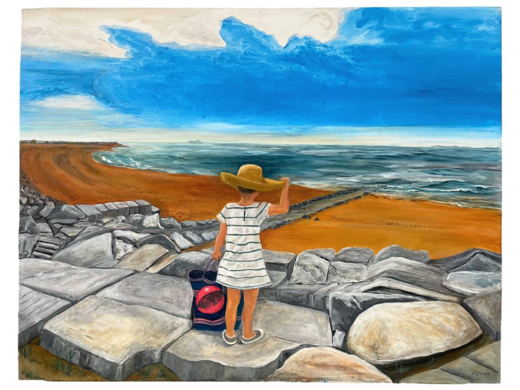 Girl in Straw Hat on Normandy Beach painting signed by M E Miles British Artist Acrylic Painting On Canvas