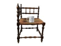 Alternative view of Antique French Corner Chair Woven Raffia Seat Wooden Rest Seating Damaged Display c1920's