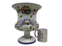 Alternative view of Vintage French Blue White Flower Decor Faience Ceramic Trophy Vase Champagne Bucket Pot Ornament Storage Display circa 1970-80's