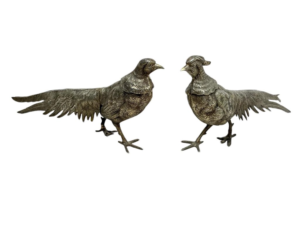 Vintage French Silver Coloured Metal Peacock Couple Bird Figurine Ornament Decor Design Animal c1960-70’s de France