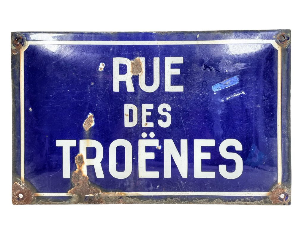 Vintage French Original Iron Convex Enamel Street Sign Rue Des Troènes Street Of Privets Metal Road Display Promotional c1950’s