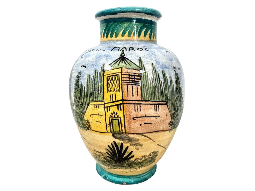 Vintage Moroccan Yellow Blue Green Pottery Vase flower display pot storage Arabian Temple theme display circa 1980’s