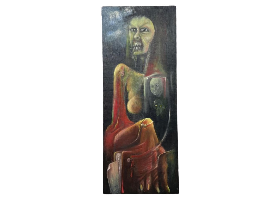 Vintage French Oil Painting “Zombie” On Canvas Dark Noir Horror Monster Demon Hell Wall Decor Decoration circa 1990’s