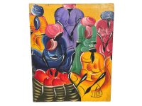 Vintage French African Acrylic Painting "Market" On Canvas Sellers Selling Traditional Tribal Colourful Wall Decor Decoration c1980's