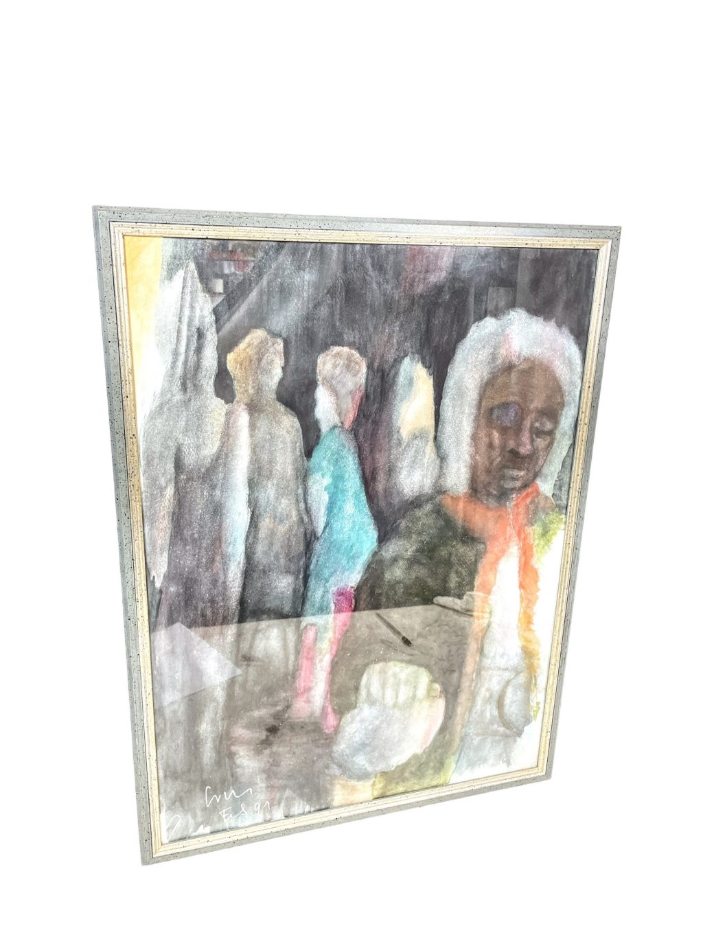Vintage French Watercolour “Endurance” Framed Glass Fronted Black Woman White Men Signed ES Wall Decor c1991