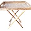Vintage Asian Bamboo Legged Rattan Tray Folding Stand Legs Table Display Serving Decor circa 1980-90's