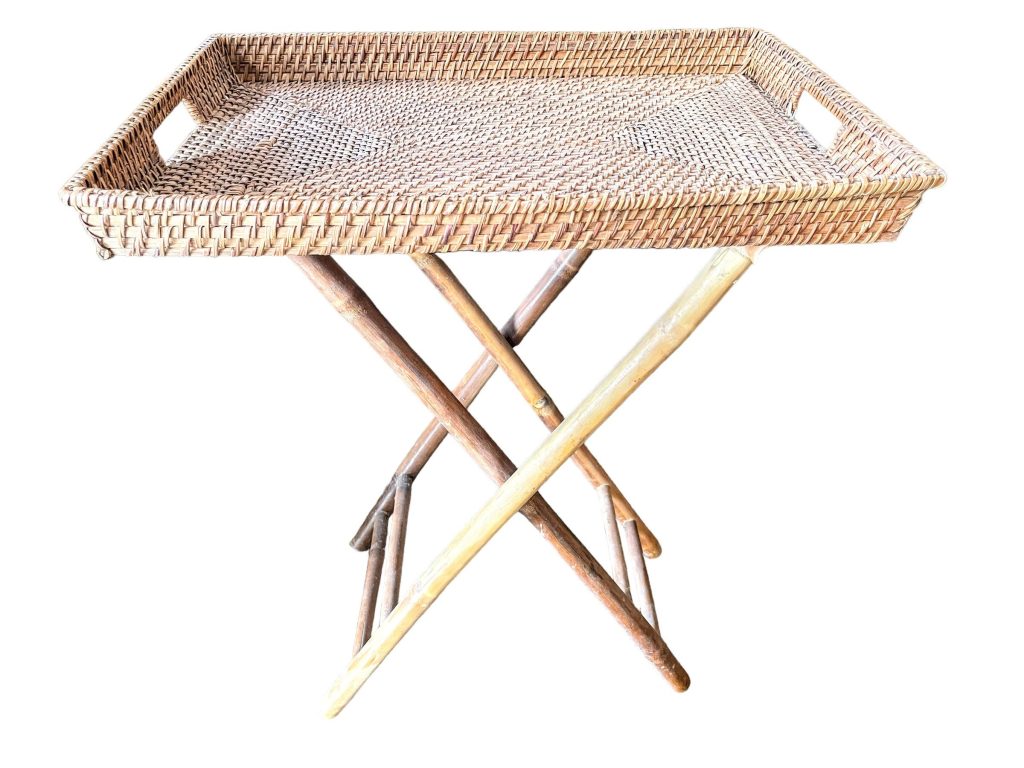 Vintage Asian Bamboo Legged Rattan Tray Folding Stand Legs Table Display Serving Decor circa 1980-90's