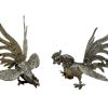 Vintage French Silver Coloured Metal Chicken Rooster Fighting Couple Bird Figurine Ornament Decor Design Animal c1960-70's de France