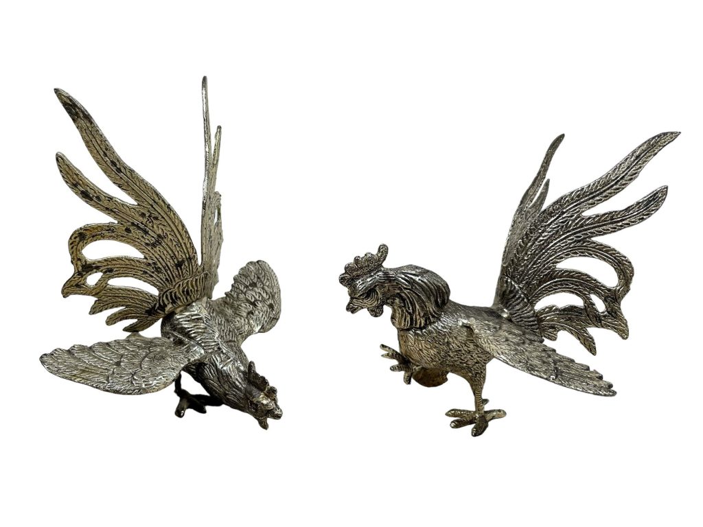 Vintage French Silver Coloured Metal Chicken Rooster Fighting Couple Bird Figurine Ornament Decor Design Animal c1960-70’s de France
