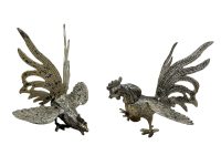Vintage French Silver Coloured Metal Chicken Rooster Fighting Couple Bird Figurine Ornament Decor Design Animal c1960-70's de France