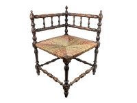 Antique French Corner Chair Woven Raffia Seat Wooden Rest Seating Damaged Display c1920's