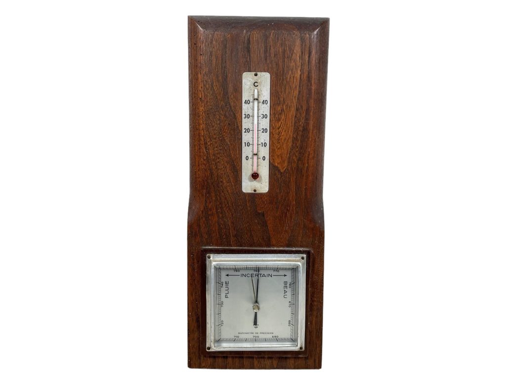 Vintage French Metal Wood Thermometer Barometer Barometre Weather Forecasting Instrument Hanging Wall c1970’s
