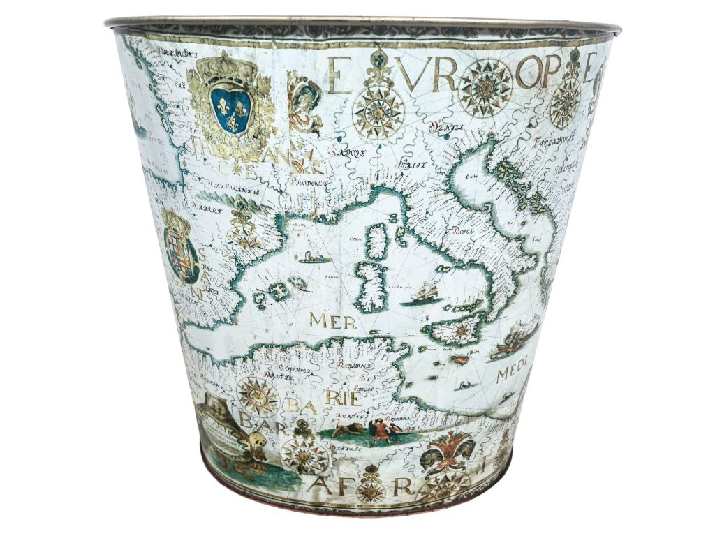 Vintage French Maaailly Metal World Map Decorated Waste Paper Office Bin Wastepaper Trash Can circa 1970-80’s