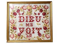 Antique French Framed Cross Stitch God Sees Me Dieu Me Voit Needlecraft Art Work Religious Artwork Curio circa 1908