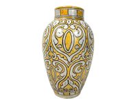 Vase Vintage Moroccan Arabian Yellow White Decorative Decorated Clay Vase Storage Ornament Decor Design Terracotta c1960-70's