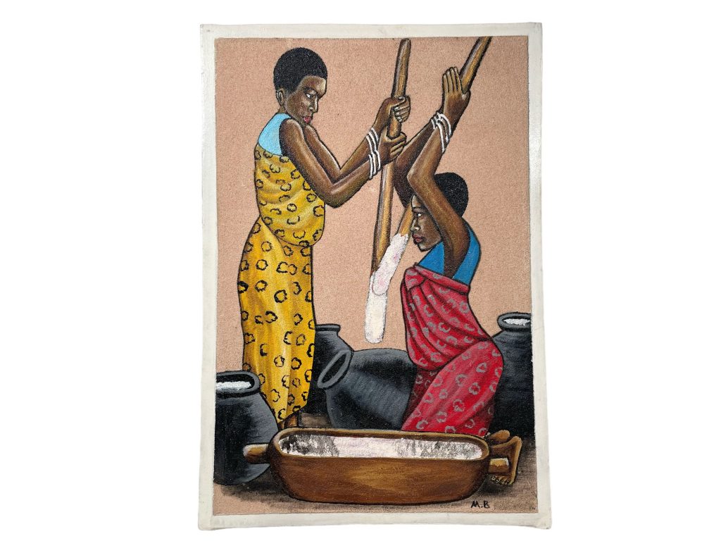 Vintage French African Sand Painting “Routine” On Canvas Food Preparation Beating Mortar Pestel Tribal Wall Decor Decoration c1980’s