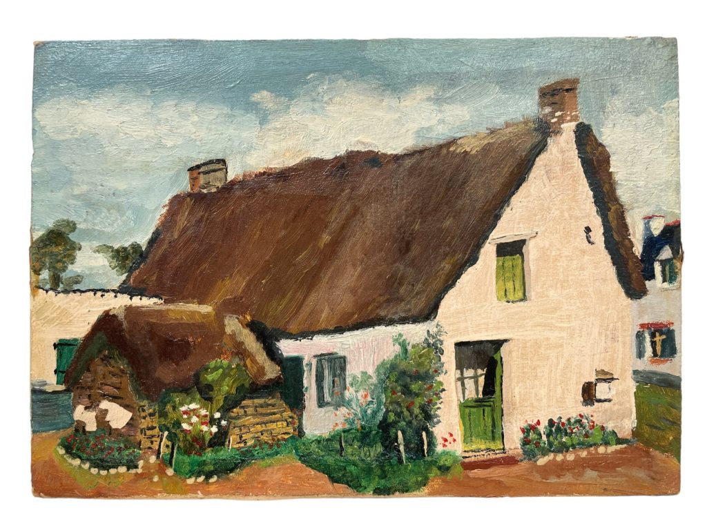 Vintage French Oil Painting “Thatched” On Canvas Mid Century Cottage Traditional House Home Wall Decor Decoration circa 1950’s
