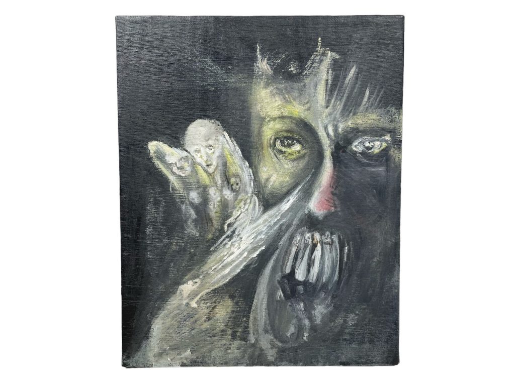 Vintage French Oil Painting “Hush” On Canvas Dark Noir Horror Vampire Hell Wall Decor Decoration circa 1990’s