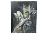 Vintage French Oil Painting "Hush" On Canvas Dark Noir Horror Vampire Hell Wall Decor Decoration circa 1990's