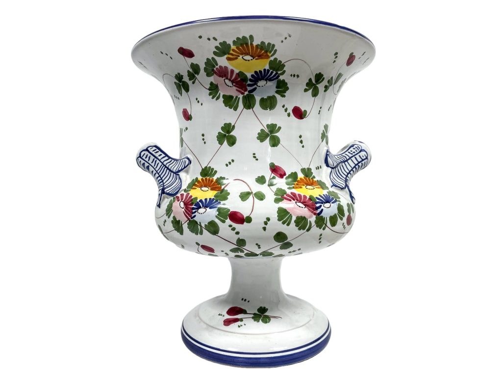 Vintage French Blue White Flower Decor Faience Ceramic Trophy Vase Champagne Bucket Pot Ornament Storage Display circa 1970-80's