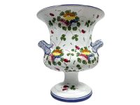 Vintage French Blue White Flower Decor Faience Ceramic Trophy Vase Champagne Bucket Pot Ornament Storage Display circa 1970-80's