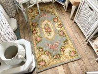 Vintage French Light Blue Pink Green Cream Ornate Fancy Wool Rug Carpet Floor Covering Decor Display Prop France Tapis circa 1970's