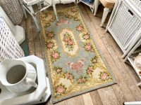 Vintage French Light Blue Pink Green Cream Ornate Fancy Wool Rug Carpet Floor Covering Decor Display Prop France Tapis circa 1970's