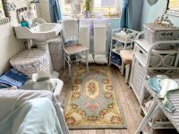 Alternative view of Vintage French Light Blue Pink Green Cream Ornate Fancy Wool Rug Carpet Floor Covering Decor Display Prop France Tapis circa 1970's