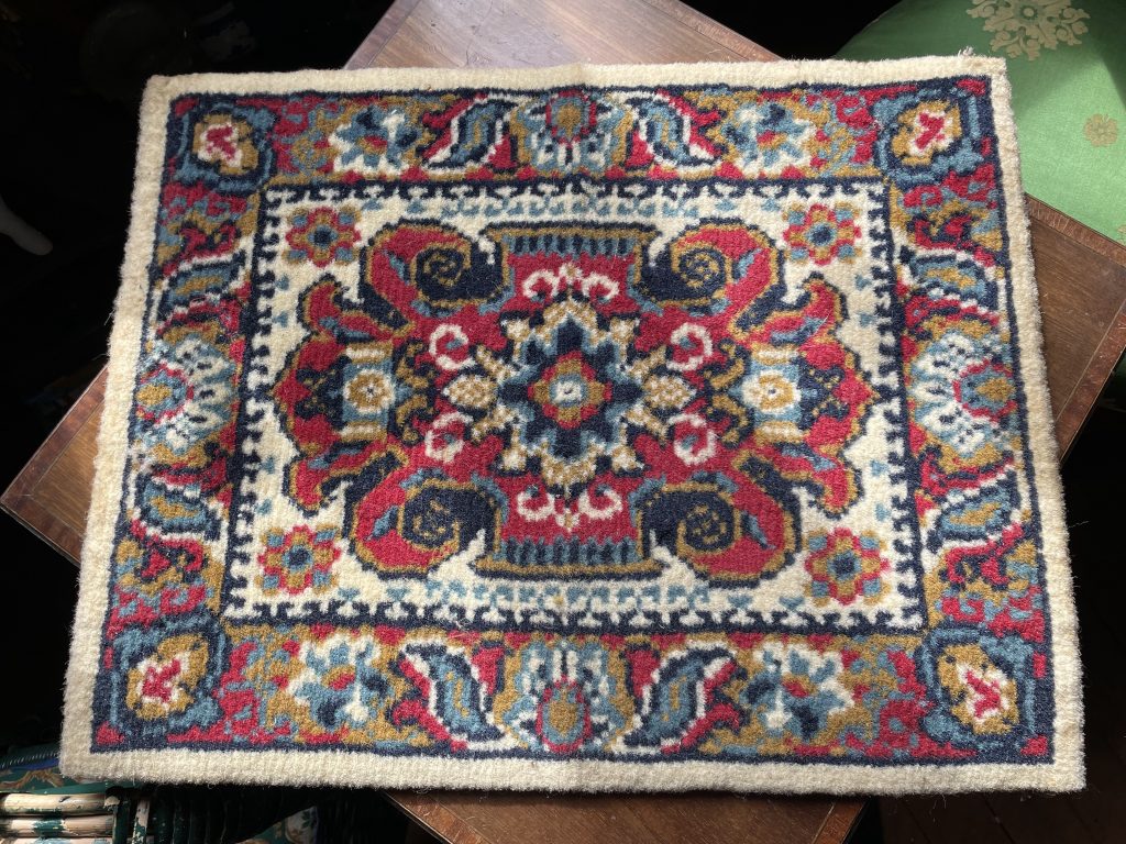 Vintage Turkish Small Red Blue Black Yellow Cream Table Rug Carpet Decor Display Prop France Tapis Wool circa 1980’s