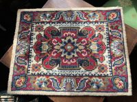 Vintage Turkish Small Red Blue Black Yellow Cream Table Rug Carpet Decor Display Prop France Tapis Wool circa 1980's