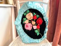 Alternative view of Vintage French 3D Rose Embellished Hand Made Satin Cased Fancy Round Cushion Pillow Cover Pillows Bed Chair Sofa circa 1980's