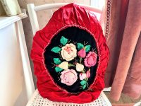 Alternative view of Vintage French 3D Rose Embellished Hand Made Satin Cased Fancy Round Cushion Pillow Cover Pillows Bed Chair Sofa circa 1980's