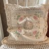 Vintage French Cotton Crochet Embellished Pillow Case Fancy Square Cushion Pillow Cover Pillows Bed Chair Sofa circa 1970-80's