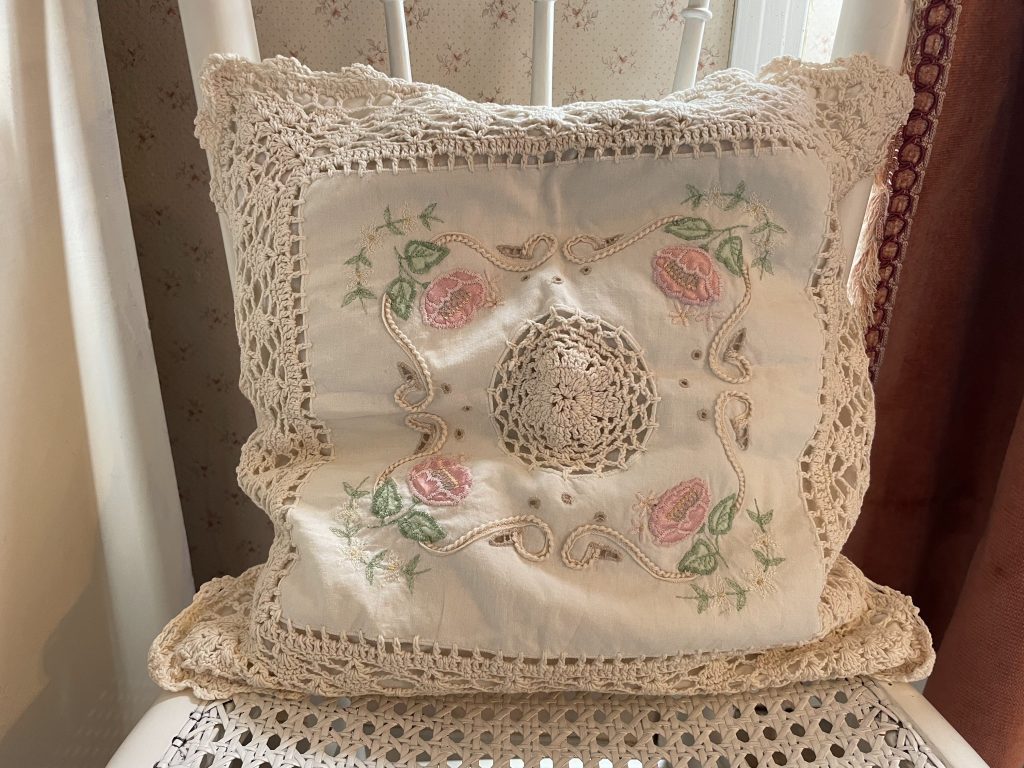 Vintage French Cotton Crochet Embellished Pillow Case Fancy Square Cushion Pillow Cover Pillows Bed Chair Sofa circa 1970-80’s