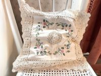 Vintage French Cotton Crochet Embellished Pillow Case Fancy Square Cushion Pillow Cover Pillows Bed Chair Sofa circa 1970-80's