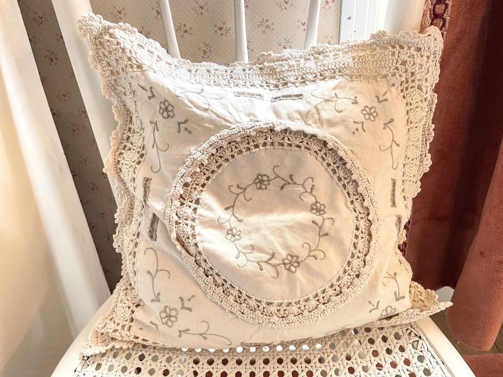 Vintage French Cotton Crochet Embellished Pillow Case Fancy Square Cushion Pillow Cover Pillows Bed Chair Sofa circa 1970-80’s