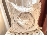 Vintage French Cotton Crochet Embellished Pillow Case Fancy Square Cushion Pillow Cover Pillows Bed Chair Sofa circa 1970-80's