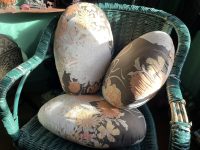 Vintage French Set Of Three Orange Brown Off White Yellow Round Pillows Cushion Trio Pillow Cushions Bed Chair Sofa circa 1970's