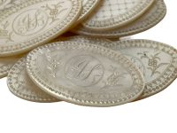 Alternative view of Antique Chinese Mother Of Pearl Oval Lotus Flower Monogram Initialed Gaming Chip SOLD INDIVIDUALLY Counters Tokens c1800-1850's