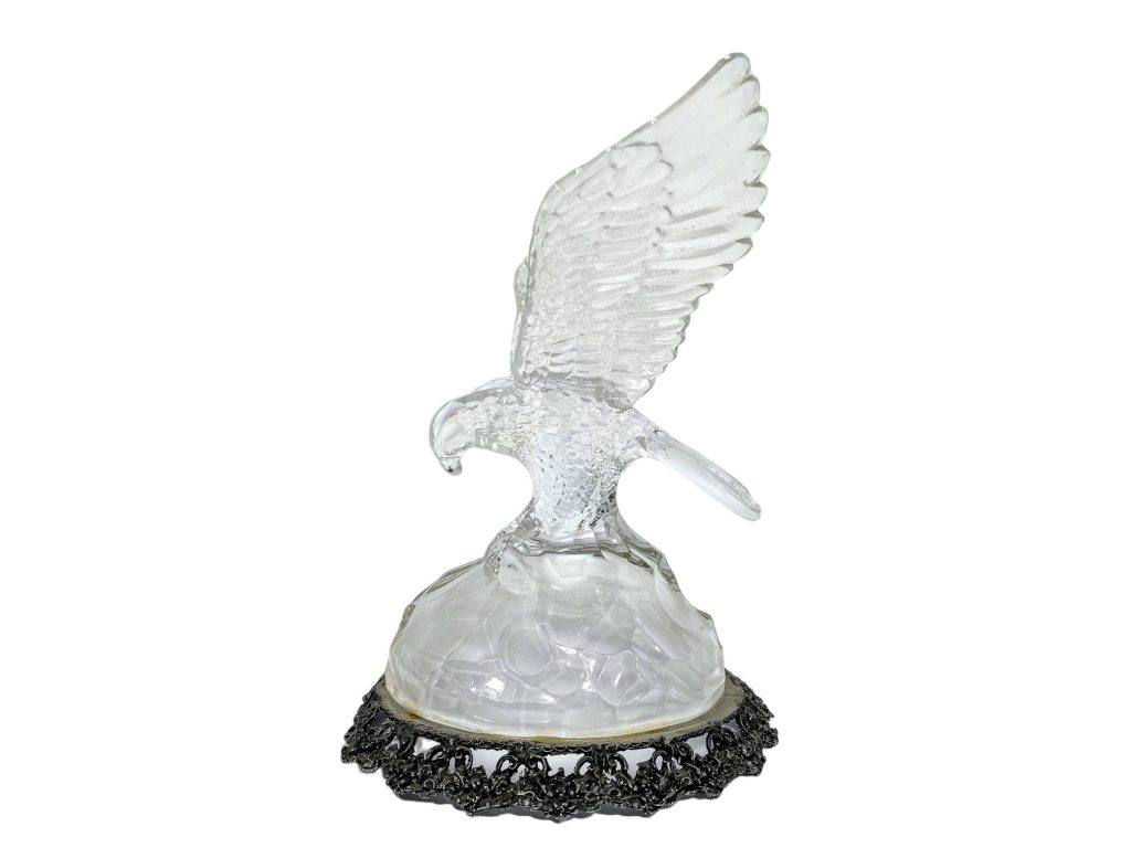 Vintage French Solid Glass Eagle Bird Of Prey Decorative Ornament With Pewter Base Figurine Decor c1960-70’s