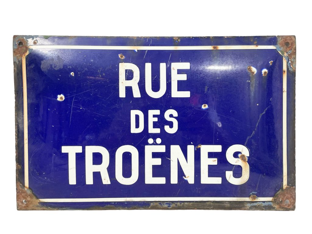 Vintage French Original Iron Convex Enamel Street Sign Rue Des Troenes Street Of Privet Trees Metal Road Display Promotional c1950’s
