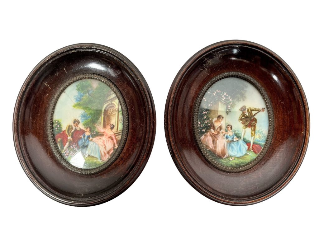Antique French Small Miniature Tiny Oval Framed Paintings Of Groups Of Traditionally Dressed People Wall Decor Collector c1900’s