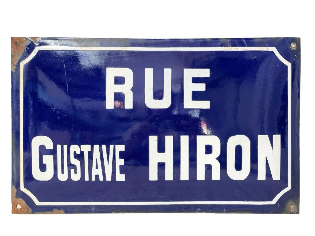 Vintage French Original Iron Convex Enamel Street Sign Rue Gustave Hiron Street Metal Road Display Promotional c1950’s