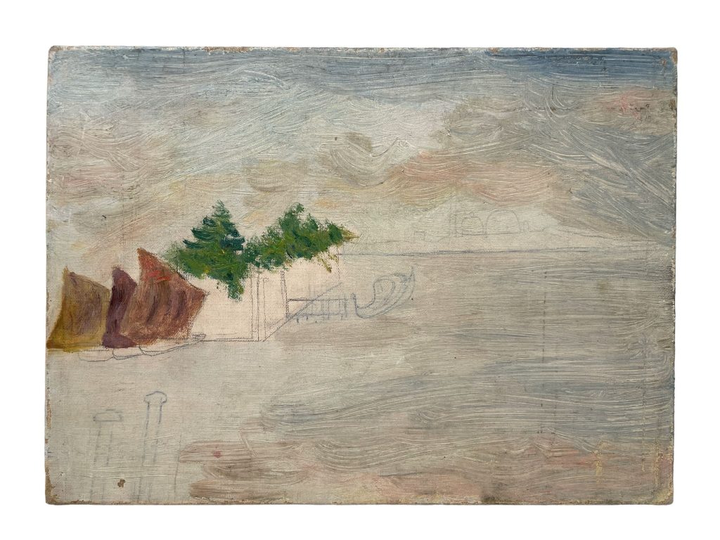 Antique Unfinished Painting French Lake Seaside Boats Acrylic Skyline Trees Scenic On Canvas c1910-20’s