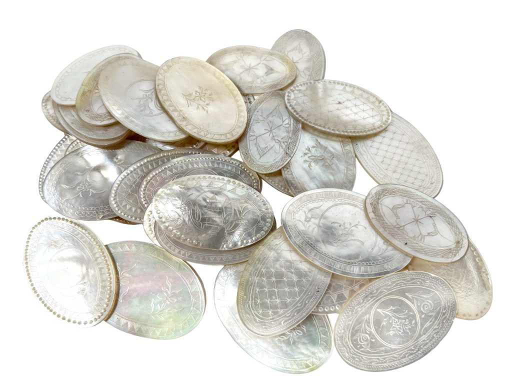 Antique Chinese Mother Of Pearl Collection Job Lot x 35 Mixed Oval Gaming Chips Counters Tokens Hand Engraved circa 1800-1850’s